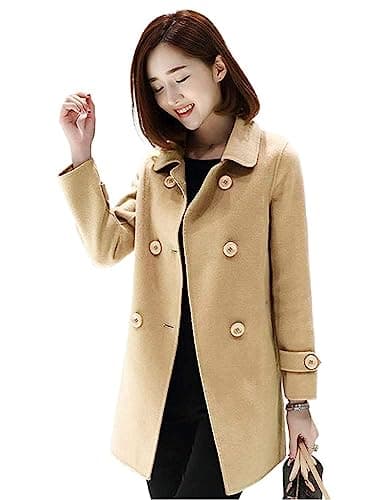 Ylingjun Women's Classic Fit Double Breasted Wool Pea Coat Outwear — Khaki
