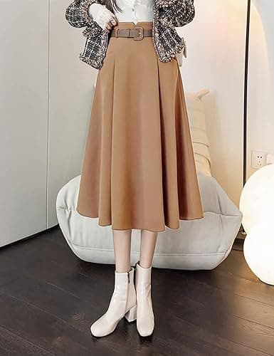 IDEALSANXUN High Waisted Wool Midi Pleated Skirts for Women Winter