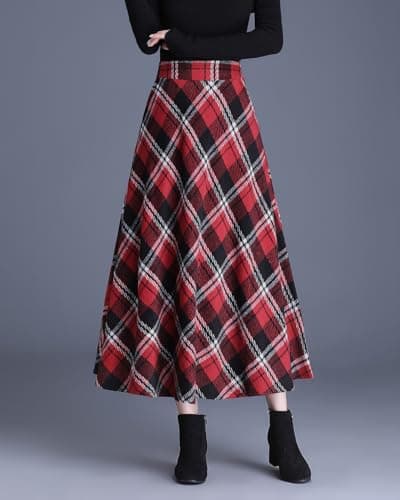 Womens Long Wool Plaid High Waist Flared Skirt Winter Warm