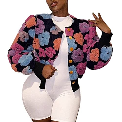 HOULENGS Women's Cropped Floral Fleece Bomber Jacket for Winter Warmth — Pink