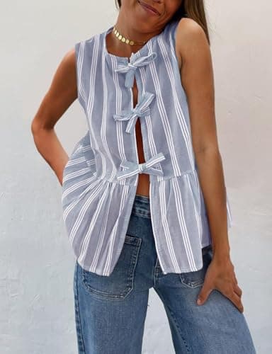 IDEALSANXUN Striped Linen Vest for Women Spring Summer