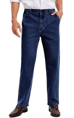Men's Relaxed Fit Elastic Waist Jeans with Zipper and Button — Dark Washed