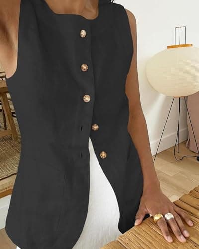 IDEWO Women's Lightweight Summer Linen Vest Blazer Pockets Casual Jackets