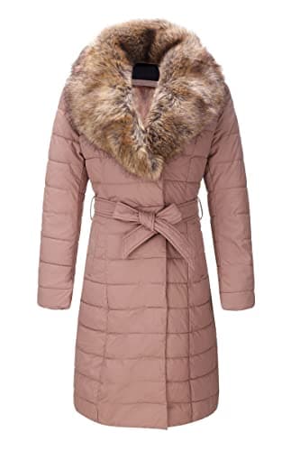 Bellivera Women's Winter Puffer Jacket with Removable Fur Collar — Pink Yellow