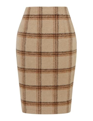 Womens Plaid Wool Pencil Skirt for Fall and Winter — Khaki