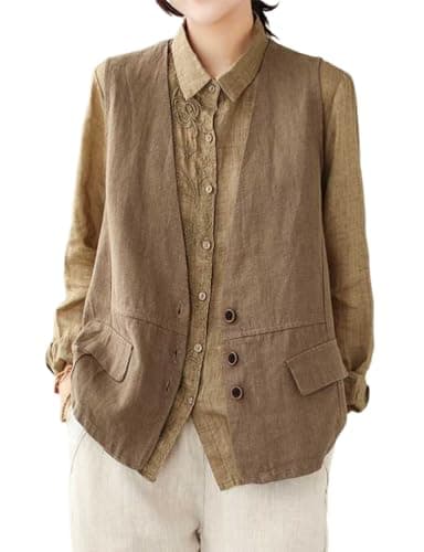 IDEALSANXUN Lightweight Cotton Linen Vest for Women Spring SummerWAISTCOAT — Khaki