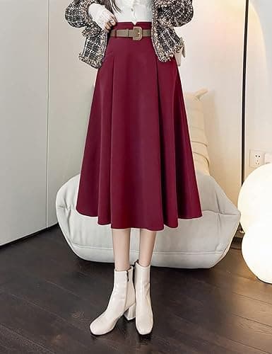 High Waisted A-Line Wool Midi Skirt for Women