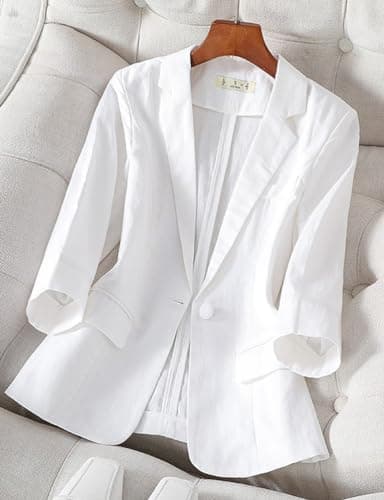 Womens Cropped Linen Blazer 3/4 Sleeve Lightweight Spring Summer Jacket