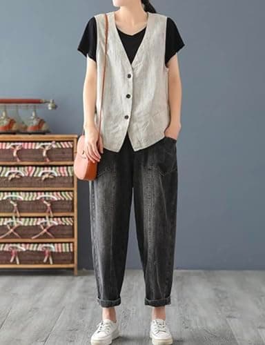 IDEALSANXUN Women's Cotton Linen Sleeveless Blazer Lightweight Vest Cardigan