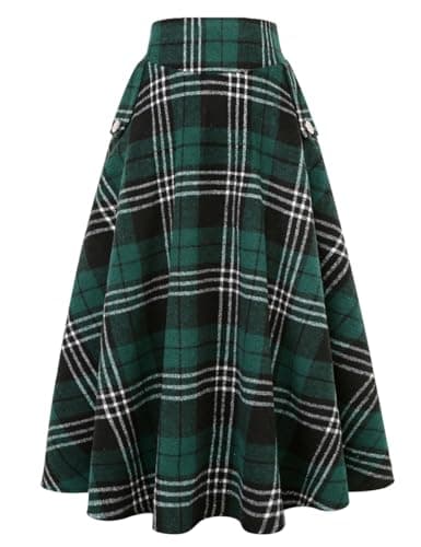 Women's High Waisted Wool Plaid A-line Skirt for Fall/Winter — Plaid Green 01