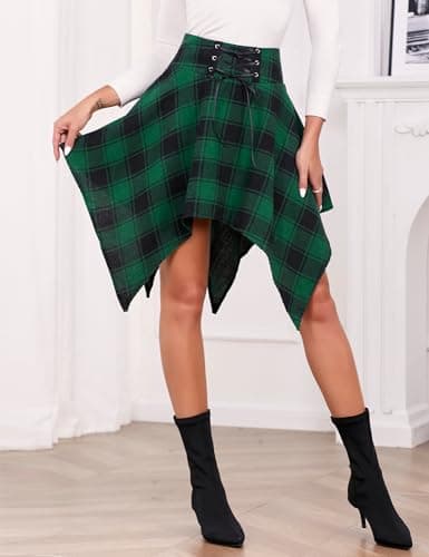 IDEALSANXUN High Waisted Plaid A-Line Asymmetrical Lace-Up Short Skirt for Women