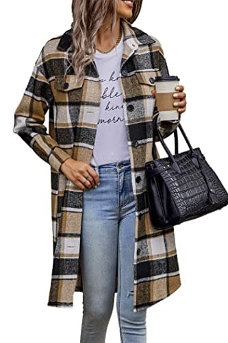 PrettyGarden Women's Plaid Shacket Long Sleeve Button Up Flannel Winter Coat — Khaki