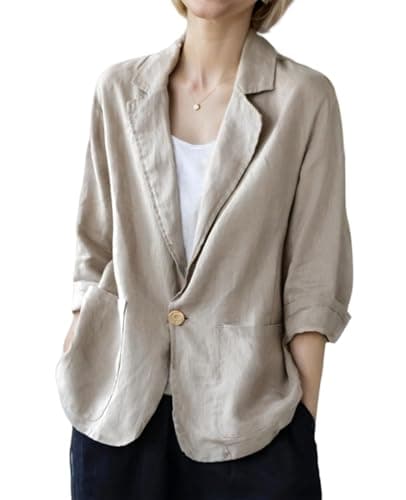 YOUNIFIZ Women's Linen 3/4 Sleeve Notch Lapel Summer Casual Blazer Jackets with Pockets — B_grey