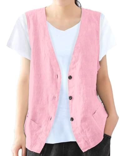 Women's Cotton Linen Vest Lightweight Jacket — Pink
