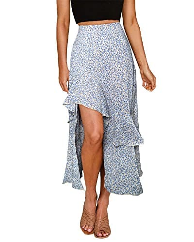BTFBM Women's 2025 Summer Floral Print Elastic Waist High-Low Boho Maxi Skirt — Z-light Blue