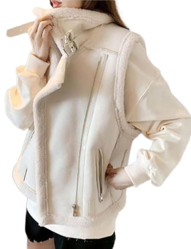 IDEALSANXUN Women's Suede Sherpa Vest Warm Fur Lined Coat — White