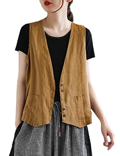 Zontroldy Women's Cotton Linen Vest with Pockets — 02 Khaki