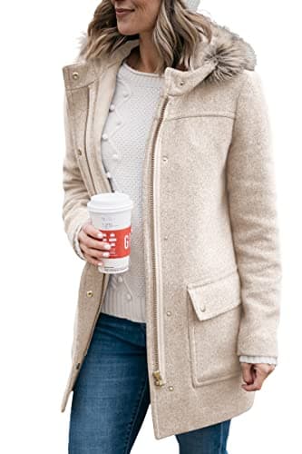 Shanfetl Women's Mid-Length Pea Coats with Faux Fur Hood — Beige