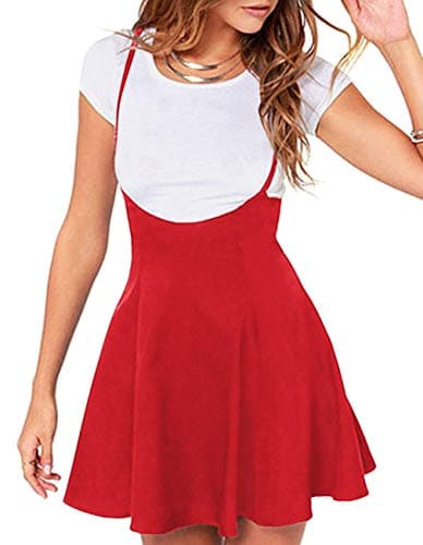 Jedyful Women's Casual High Waist Flare Skater Skirt with Shoulder Straps — 01-y Red