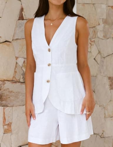 Lightweight Linen Vest for Women, Sleeveless Button Up Blazer