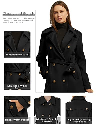 Women's WantdoDouble Breasted Pea Coat Mid-Long Trench Belted Winter