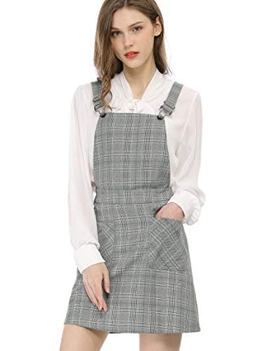Women's Plaid Overall Dress with Adjustable Straps — Green-grey