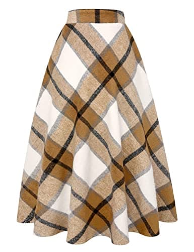 Women's Long Plaid Wool Skirt for Winter: High Waisted A-line Flare — Camel