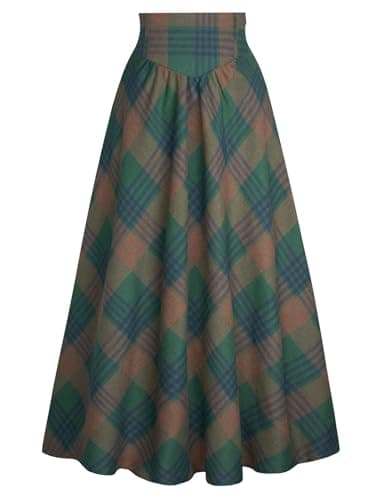 Scarlet Plaid Victorian Maxi Skirt for Women High Waist — Light Green Plaid