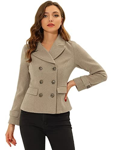 Allegra K Women's Notched Lapel Double Breasted Pea Coat — Light Brown