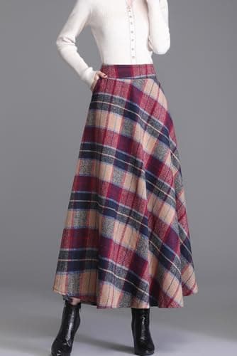 Women's Elastic Waist Plaid Wool Blend A-Line Skirt with Pockets