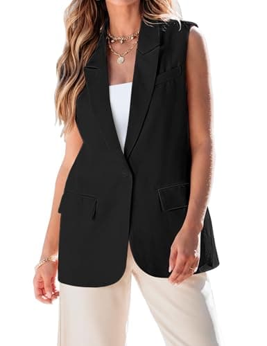Luvamia Women's 2025 Spring Casual Long Sleeveless Open Front Blazer Vests Top Pockets Office Suit — Black