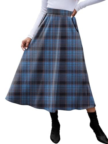 HUSKARY Classic High-Elastic Waist Plaid Midi Skirt for Women — Tartan04