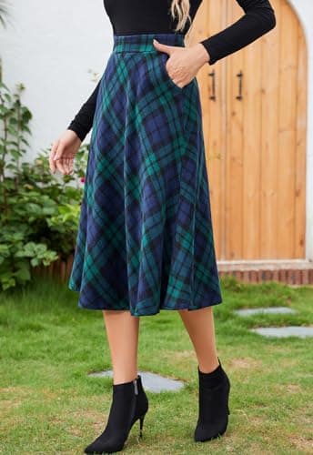 HERBATOMIA Women'sVintagePlaidMidiSkirtwithPocketWinterWarm