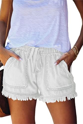 GOLDPKF Women's Mid-Waist Frayed Stretch Denim Shorts — A-white
