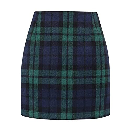 Elastic Waist Zipper Pencil Skirt: Vintage Women's Plaid Mini Above Knee Short Skirts — 05-green Plaid