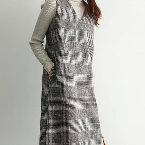Chouuya Women's Plaid Wool Midi Business Dress