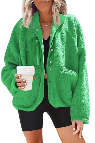 Nirovien Women's Fuzzy Fleece Button Down Sherpa Coat Winter Warm Coat — Bright Green
