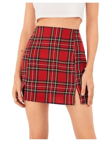 WDIRARA Women's High Waist Plaid Split Front Mini Bodycon Skirt