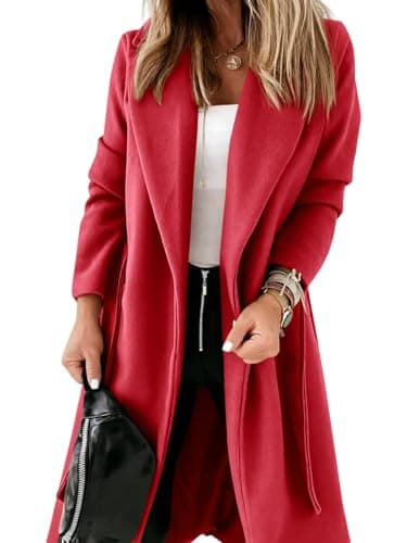 Ladiyo Women's Classic Open Front Belted Long Coat — Red