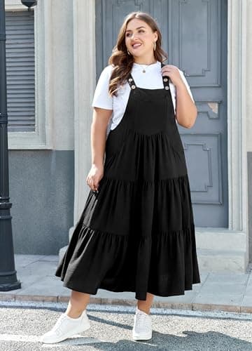 Moon Wood Plus Size Bib Overall Dress with Pockets Summer Casual
