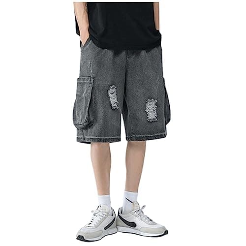 POHADON Men's Baggy Denim Shorts Casual Hip Hop Y2K Cargo Jeans — Ripped Dark Gray