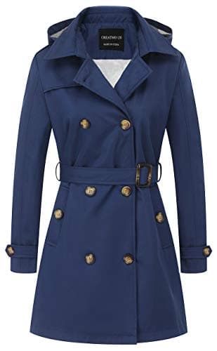 CREATMO Women's Classic Double-Breasted Trench Coat with Detachable Hood — Navy Blue