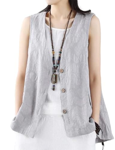 Womens Linen Vest Casual Sleeveless Blazer Jacket — Grey