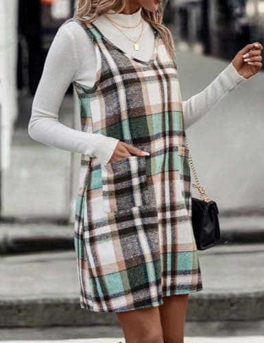 Plaid Overall Dress for Women: Fall/Winter Sleeveless with Pockets