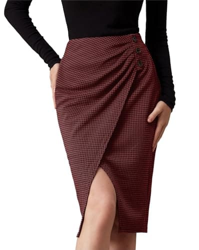 GRACE KARIN High Waisted Ruched Midi Skirt for Women — Wine Red Plaid