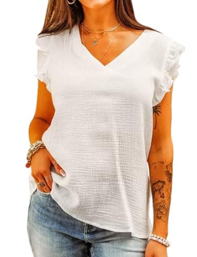 IDEALSANXUN Women's Linen Tank Tops Summer V-Neck Casual Pullover Vest — White