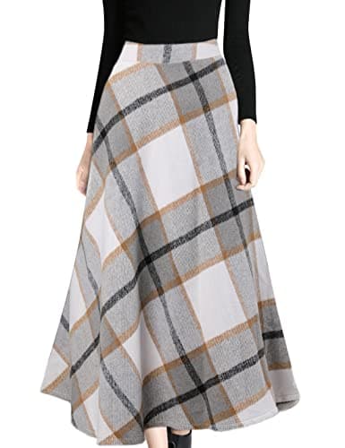 Women's Winter Wool Plaid A-Line Pleated Long Skirt — Light Grey
