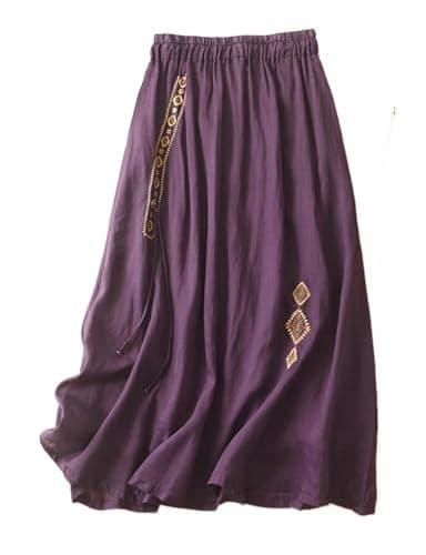 Linen Women's Summer Flare A Line Embroidery Skirt — Purple