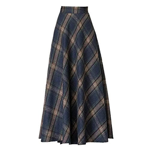 BININBOX Women's Vintage Plaid Maxi Wool Skirt Elastic Waist — Dark Blue