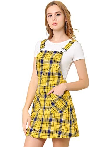 Women's Plaid Overall Dress with Adjustable Straps — Yellow